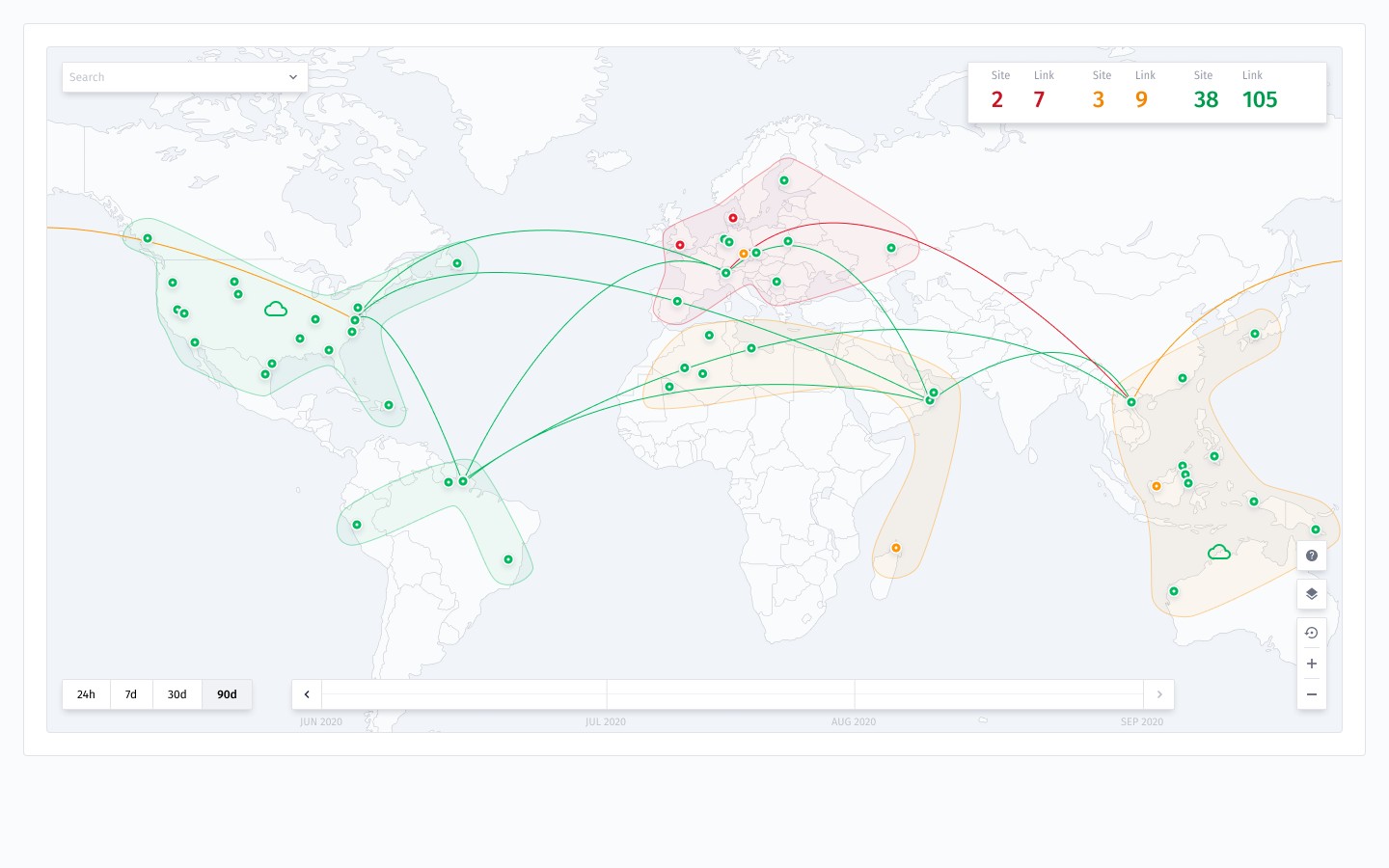 The Atlas topology view: global sites and links, colour-coded by health, in one continuous map.