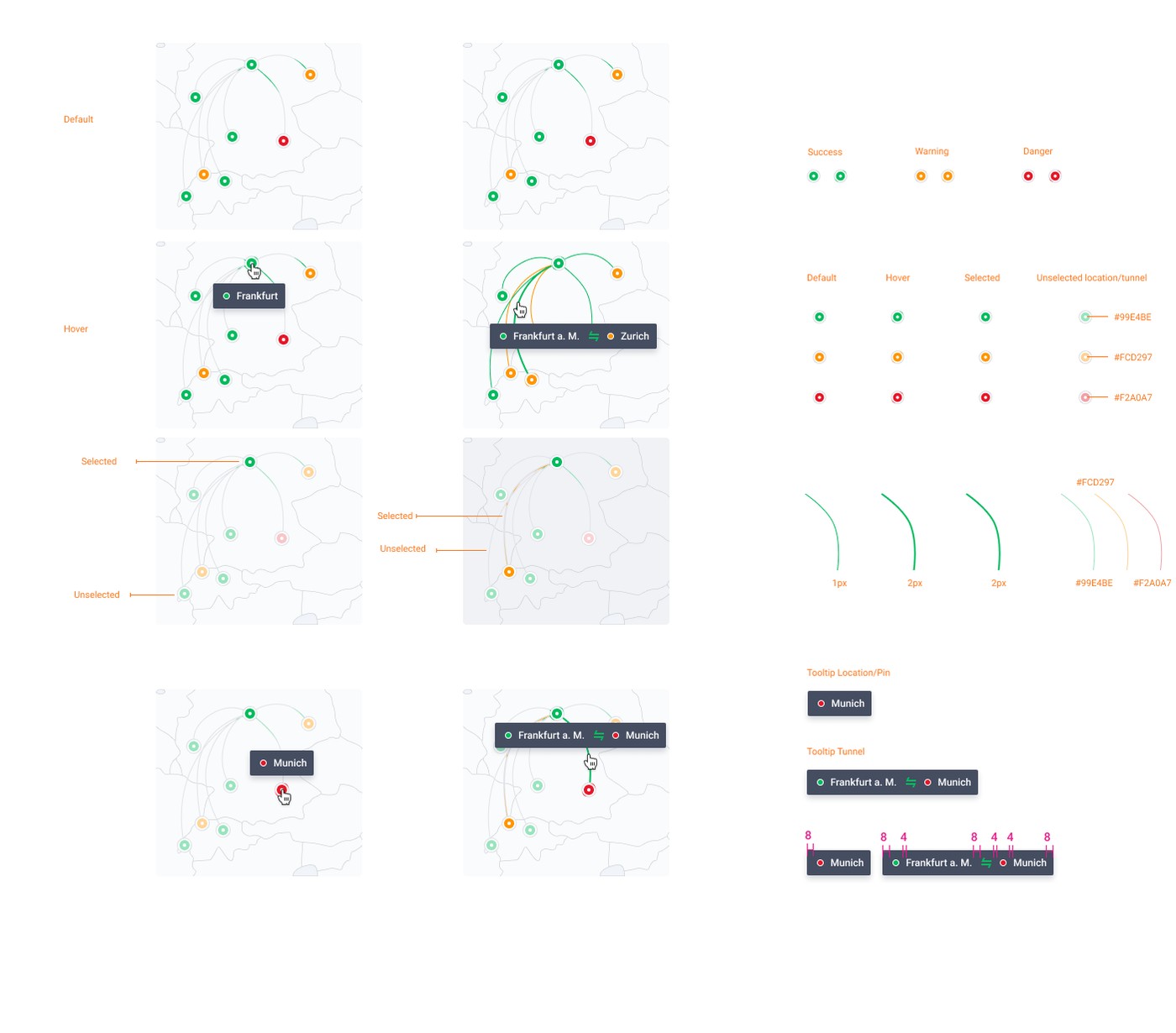 The full interaction state specification for the Atlas map, default, hover, and selected states across all three severities.