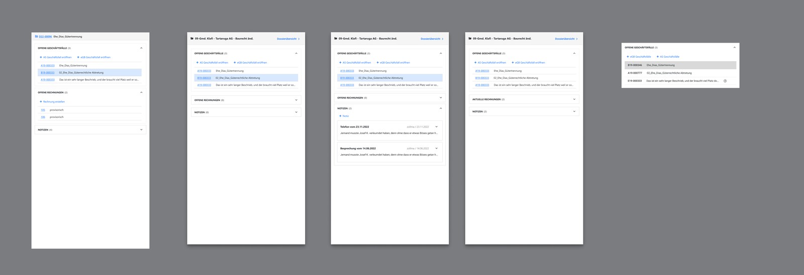 Concept iteration for the dossier/flyout panel, testing different ways to keep a case file’s cases, invoices, and notes oriented and reachable.