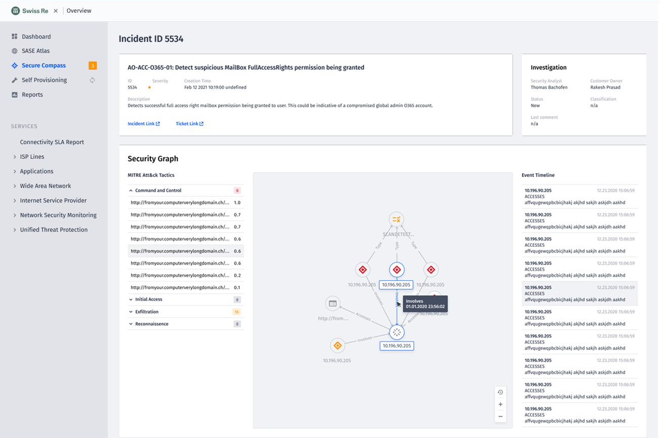 Security incident investigation, using a node-and-connection graph so an analyst can trace how an event actually propagated across hosts.