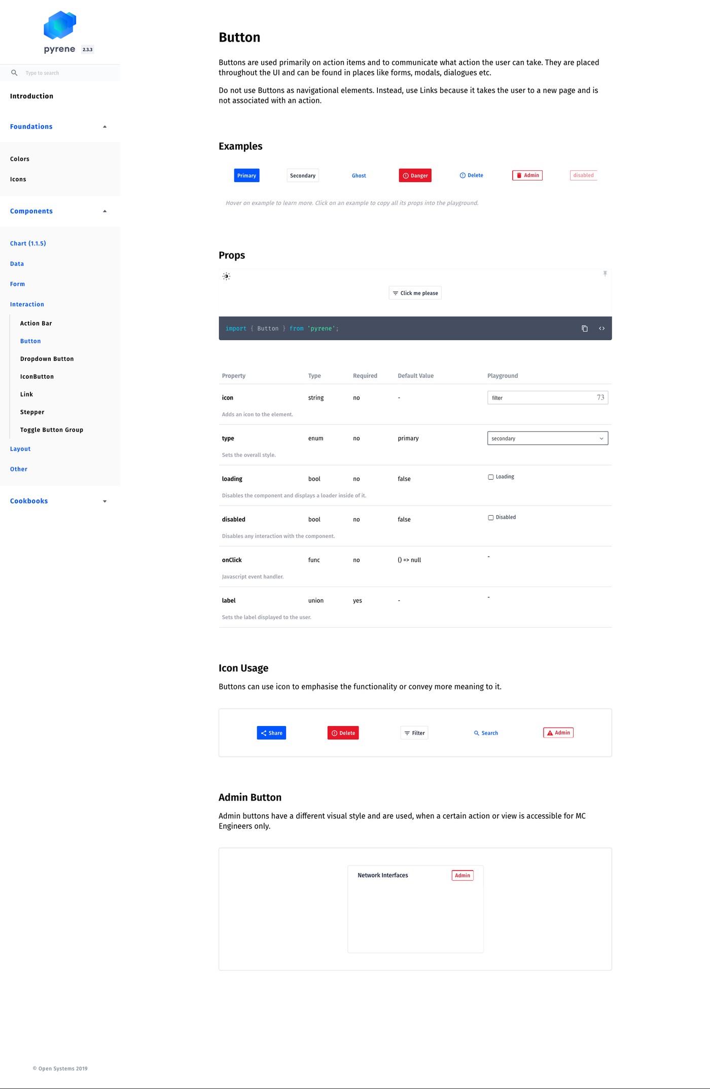 Button documentation, including variants, props, and live examples engineers could implement directly against.