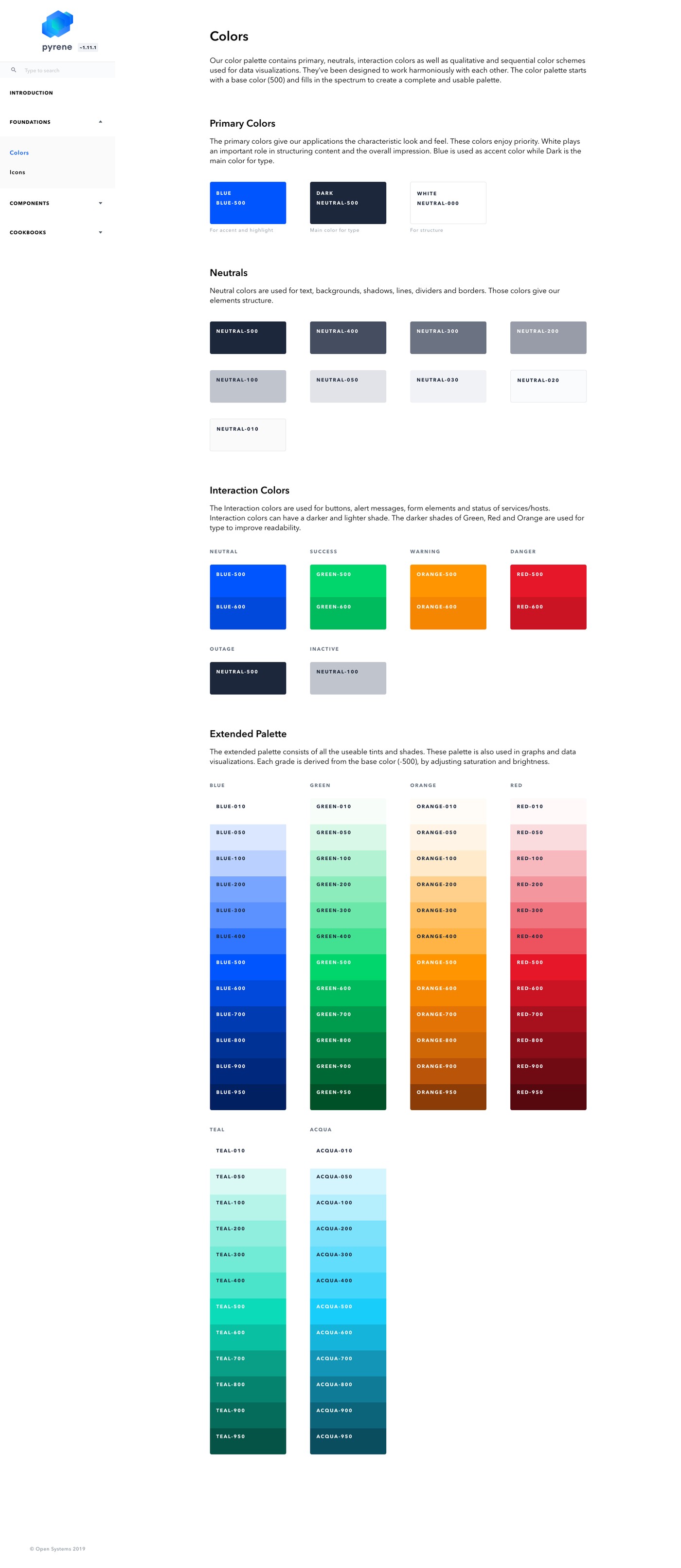 The color foundation: primary and neutral colors, interaction colors for state and feedback, and an extended palette built for data visualisation.
