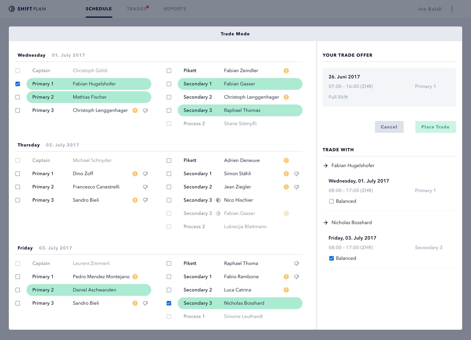 Trade mode: your own shift and the other side of the exchange are built together and stay visible throughout. Right up to confirmation, it is always clear what you are giving and what you are getting.